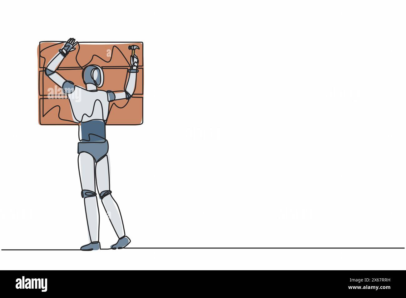 Einfacher, kontinuierlicher Zeichnungsroboter für professionelle Arbeiter, die hämmern. Nagel in Holz. Moderne robotische Künstliche Intelligenz. Einsatz der Elektroniktechnik Stock Vektor