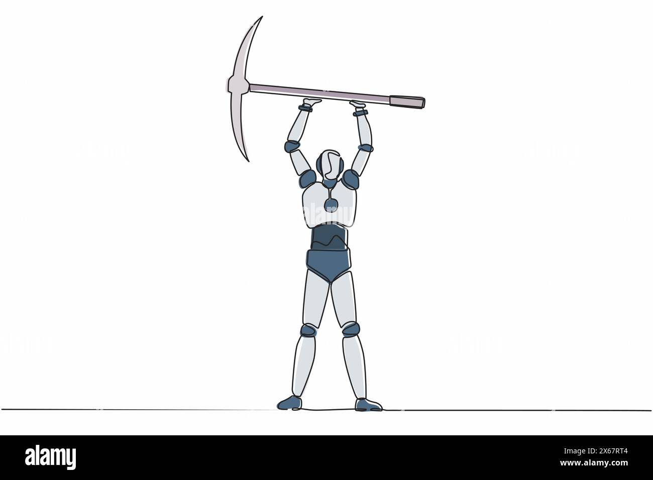 Ein einzeiliger Zeichnungsroboter, der eine große Meißel anhebt. Technologische Entwicklung der Zukunft. Künstliche Intelligenz und maschinelles Lernen. Stock Vektor