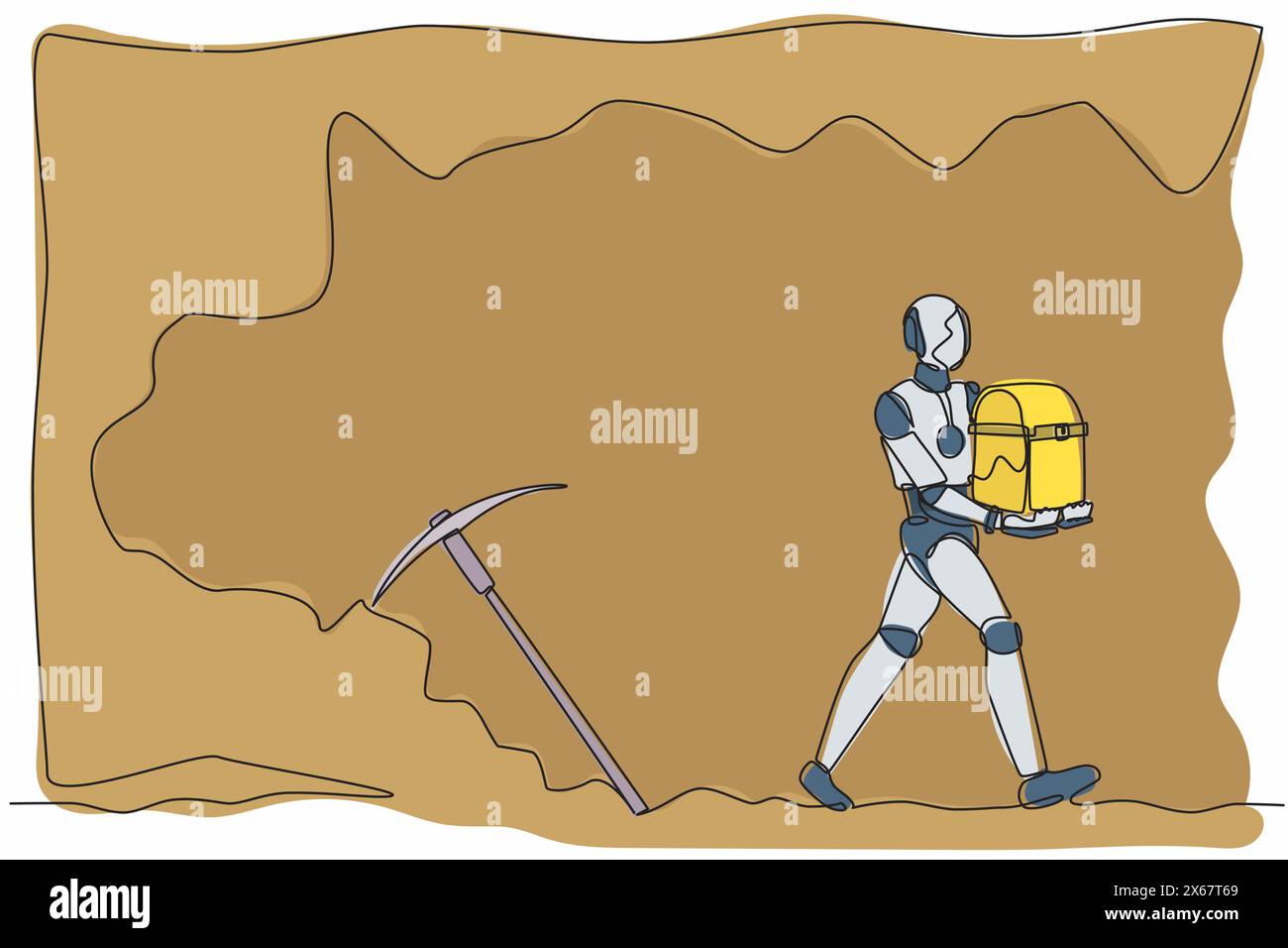 Kontinuierlicher, einzeiliger Zeichnungs-Roboter, der eine Schatzkiste aus dem Untergrund trägt. Humanoider Roboter-kybernetischer Organismus. Entwicklungskonzept für die Zukunft der Robotik. S Stock Vektor