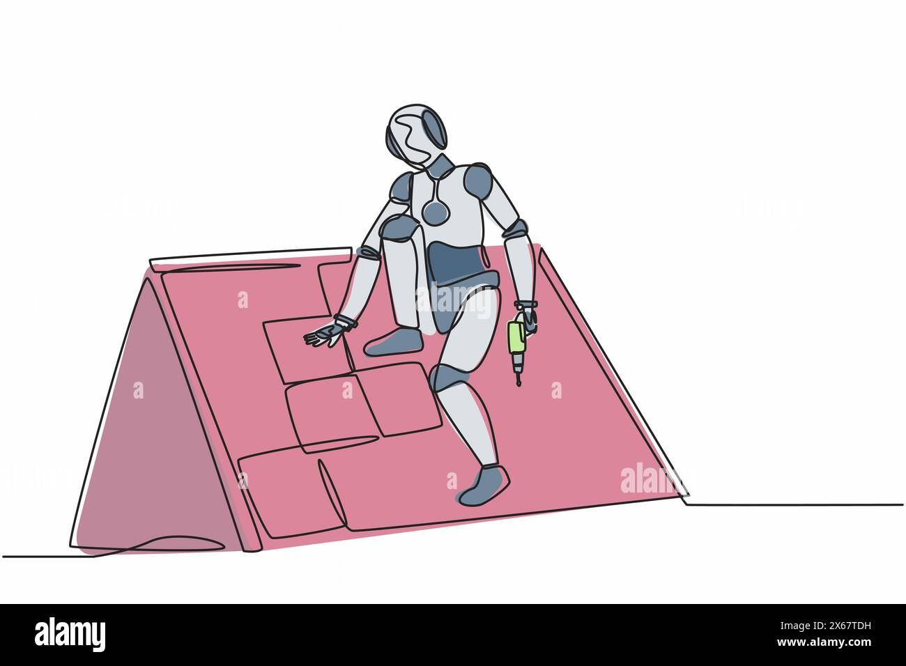Durchgängiger einzeiliger Zeichnungsroboter für Dachdecker, der Holz- oder Bitumenschindeln installiert. Humanoider Roboter-kybernetischer Organismus. Zukünftige Roboterentwicklung. Einfach Stock Vektor