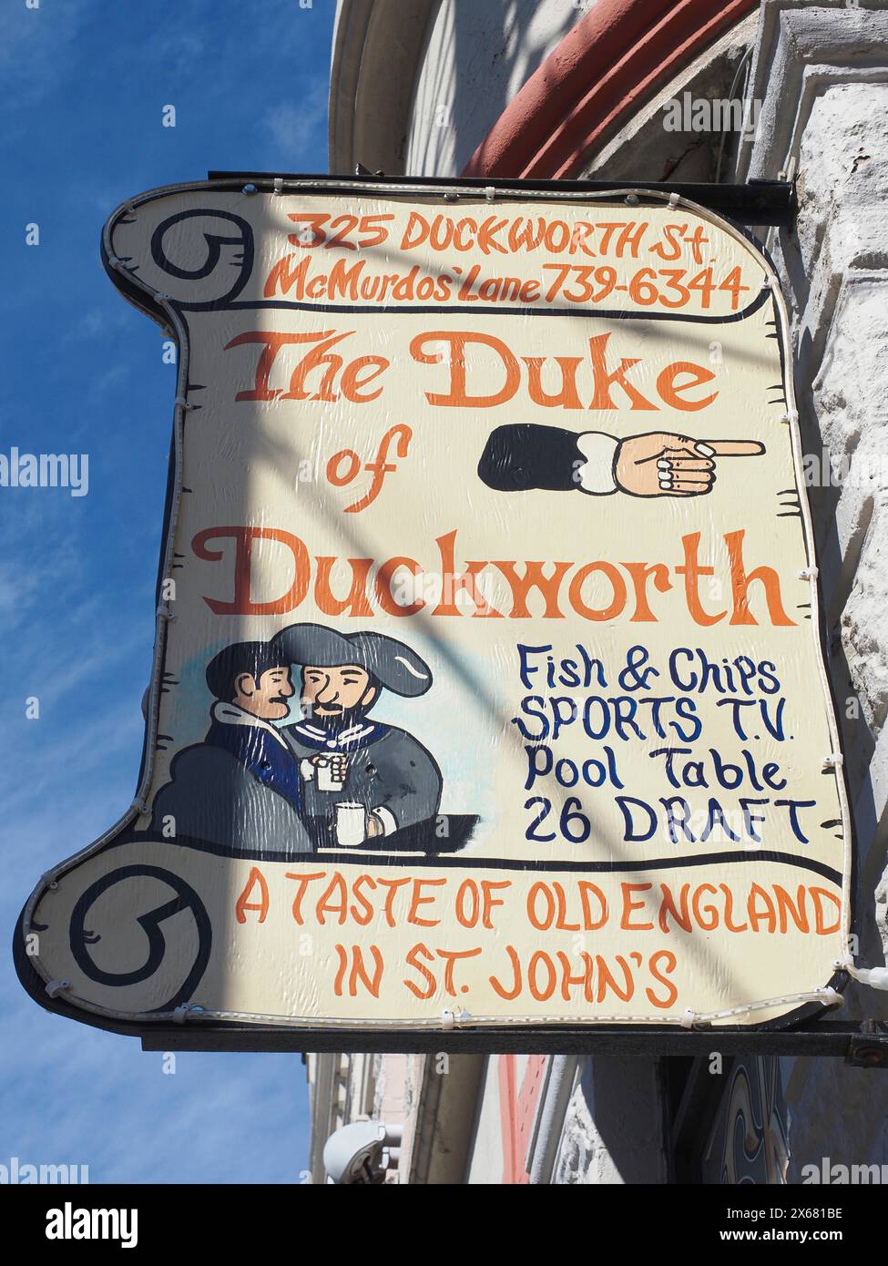 Ethe Duke of Duckworth' Pub-Schild, Alkohol, Bier, britisches Erbe, Kanada, City of St John's, Bier vom Fass, Trinken, Duckworth Street, Unterhaltung, Fish and Chips, Neufundland, Nordamerika, Pub-Kultur, Schilder, Straßenschild, traditionell Stockfoto