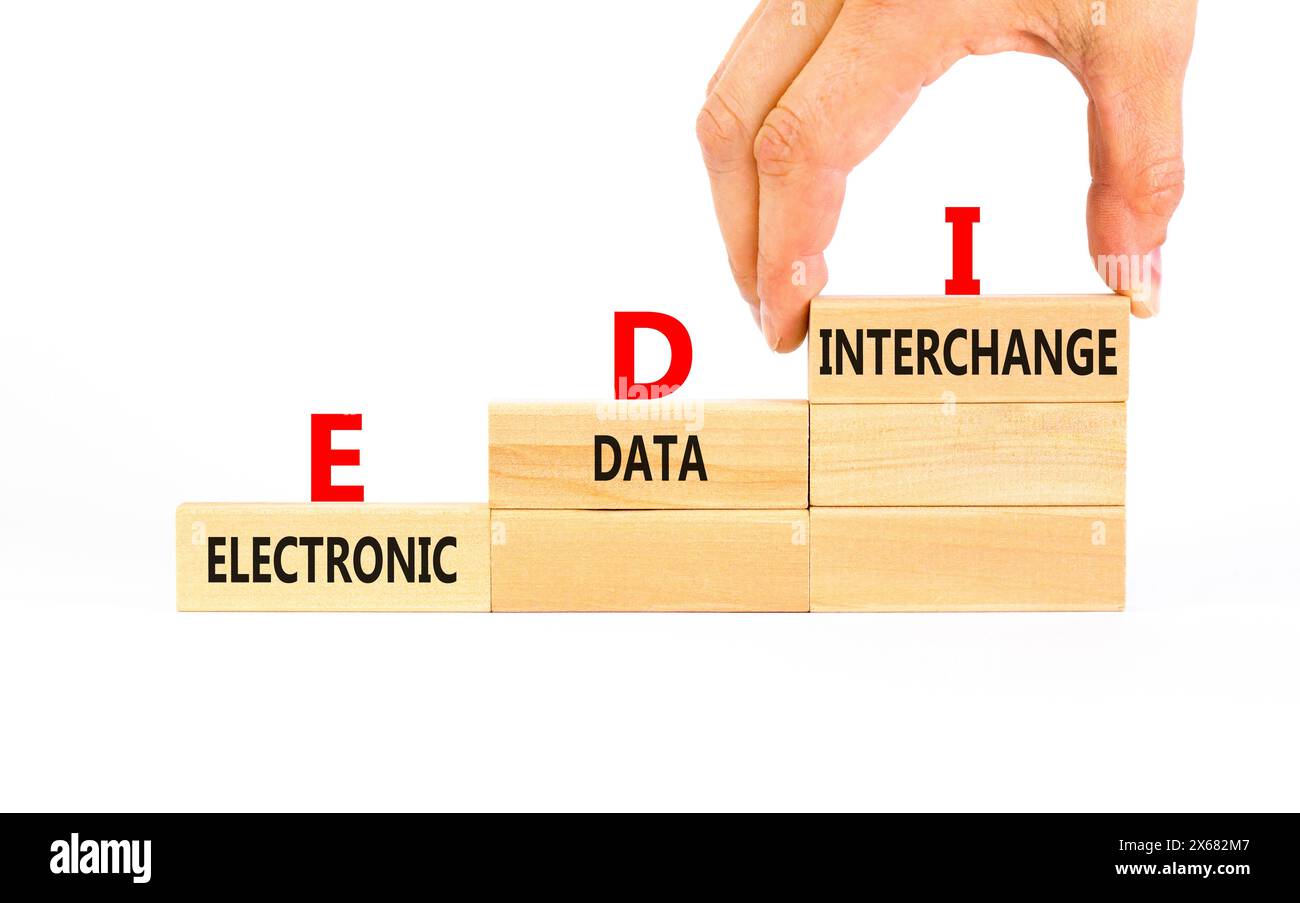 Symbol für elektronischen Datenaustausch EDI. Der elektronische Datenaustausch von Konzeptwörtern EDI auf Blöcken. Schöner weißer Hintergrund. Business und EDI Electron Stockfoto