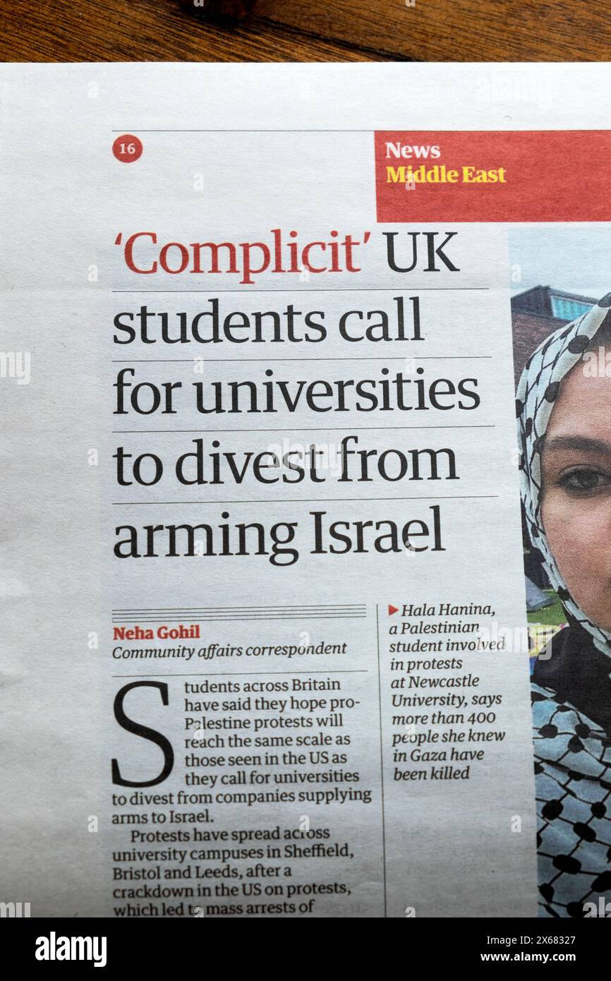 "Komplicit" britische Studenten rufen dazu auf, dass die Universitäten von der Bewaffnung der Zeitung "Israel Guardian" im Mai 2024 einen protestartikel über den palästinensischen Gaza-Krieg entfernen Stockfoto
