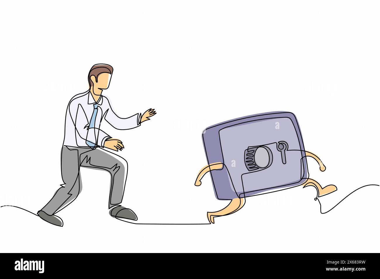 Ein einziger Zeichner Geschäftsmann läuft jagen, versucht, einen Safe zu fangen. Konzept der Sicherheit, des Schutzes, des Bankwesens, des Finanzwesens. Geschäftsmetapher. C Stock Vektor