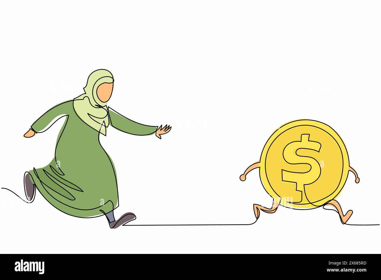 Durchgehende eine Linie, die arabische Geschäftsfrau auf der Jagd nach Dollarmünze zieht. Büroangestellte wollen so viel Geld wie möglich bekommen. Arabischer Manager verfolgt Erfolg. S Stock Vektor