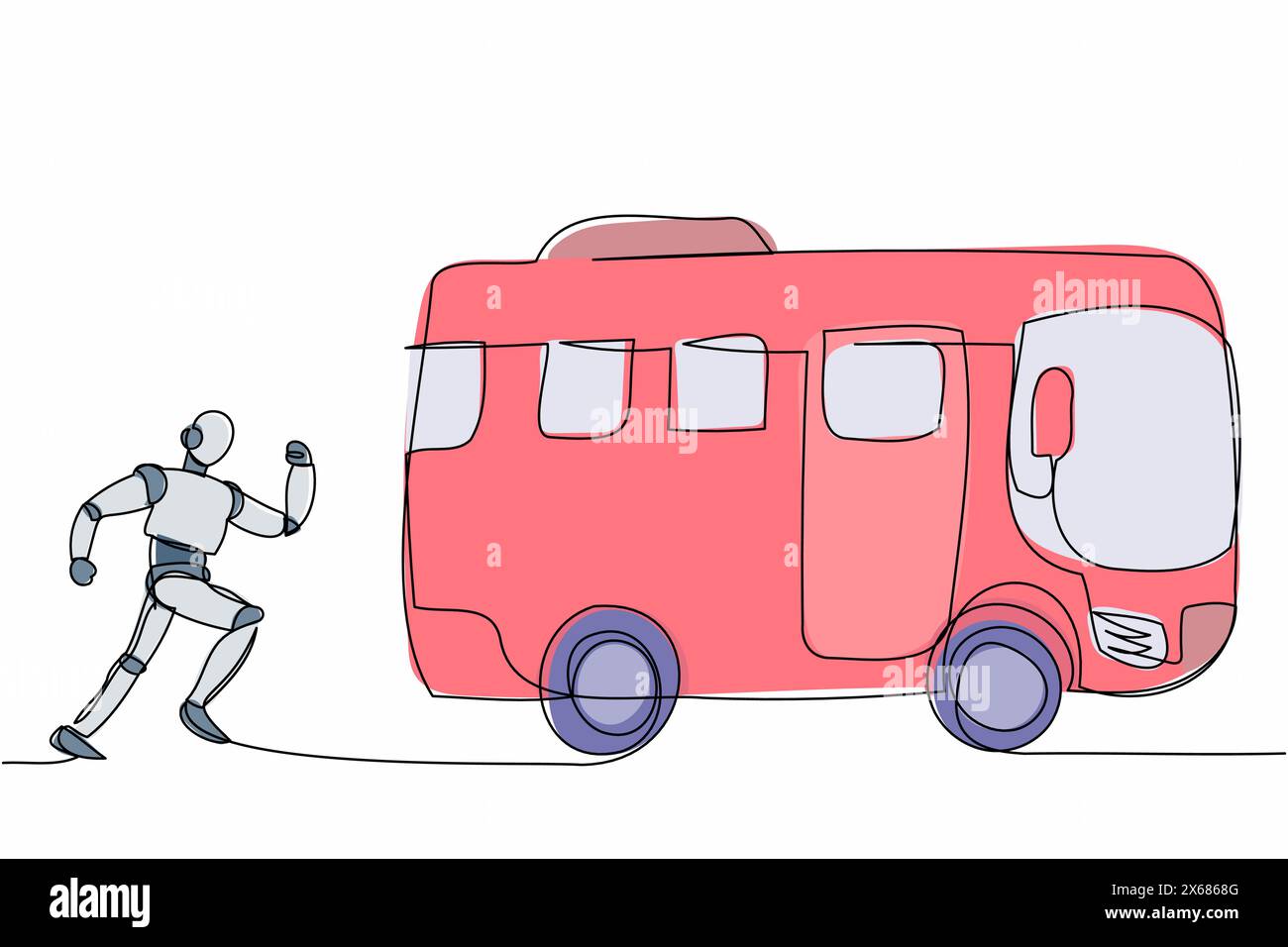 Ein einzelner einzeiliger Zeichnungsroboter führt einen Chasing-Bus durch. Technische Systemanalyse im öffentlichen Verkehr. Technologische Entwicklung der Zukunft. Künstliche Intelligenz. Stock Vektor
