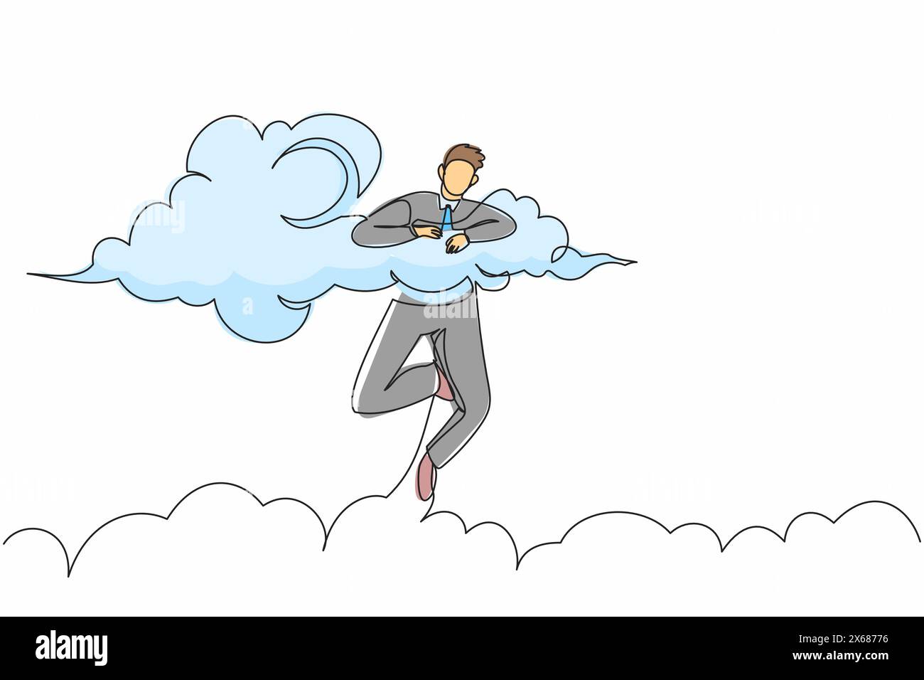 Einzelne durchgehende Linienzeichnung glücklicher Geschäftsmann hängt in Wolken. Hoffnung auf Erfolg, finanzielle Freiheit, erfolgreiches Geschäftsprojekt, Leistungskonzept. Stock Vektor
