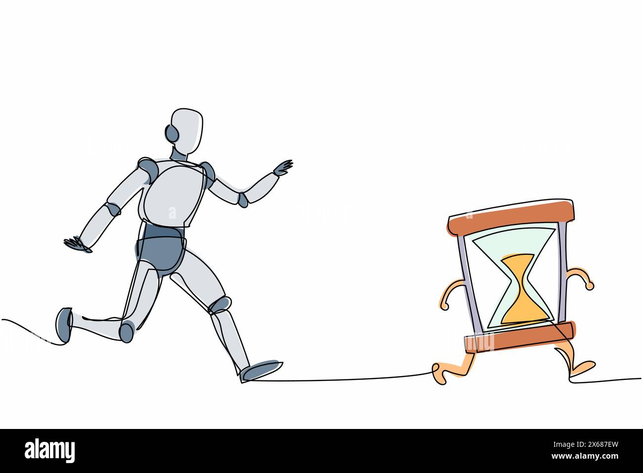Roboter mit durchgehender einzeiliger Zeichnung, der Sanduhr nachjagt. Zeitmanagement und Betriebszeitplan der Fabrik. Humanoide Roboter-kybernetische Organismus-Entwicklung Stock Vektor
