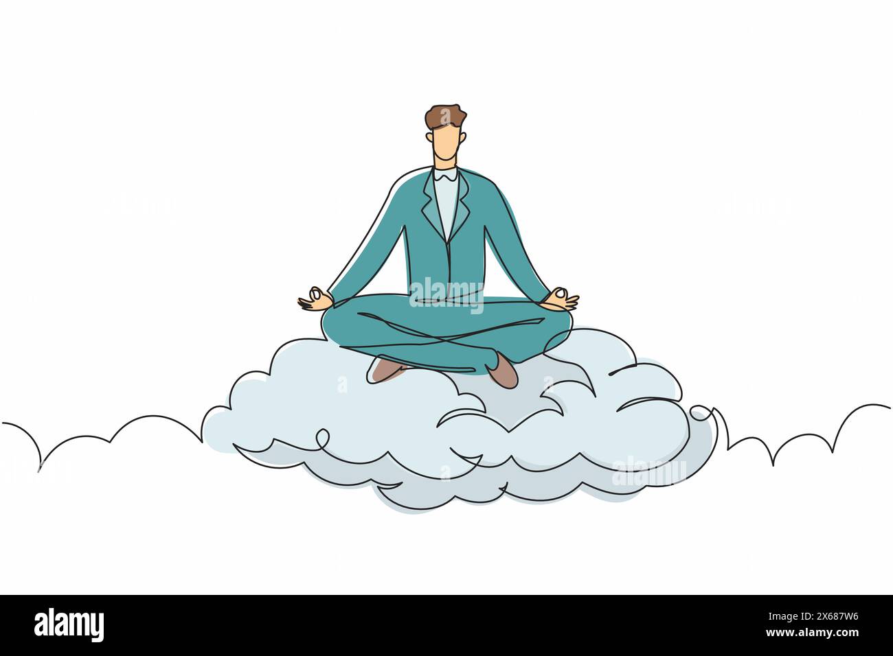 Eine einzige Linie zeichnet junger Geschäftsmann entspannt und meditiert in Lotusposition auf Wolken. Friedlicher Mann, der sich mit Yoga- oder Meditationsposen entspannt. Konti Stock Vektor