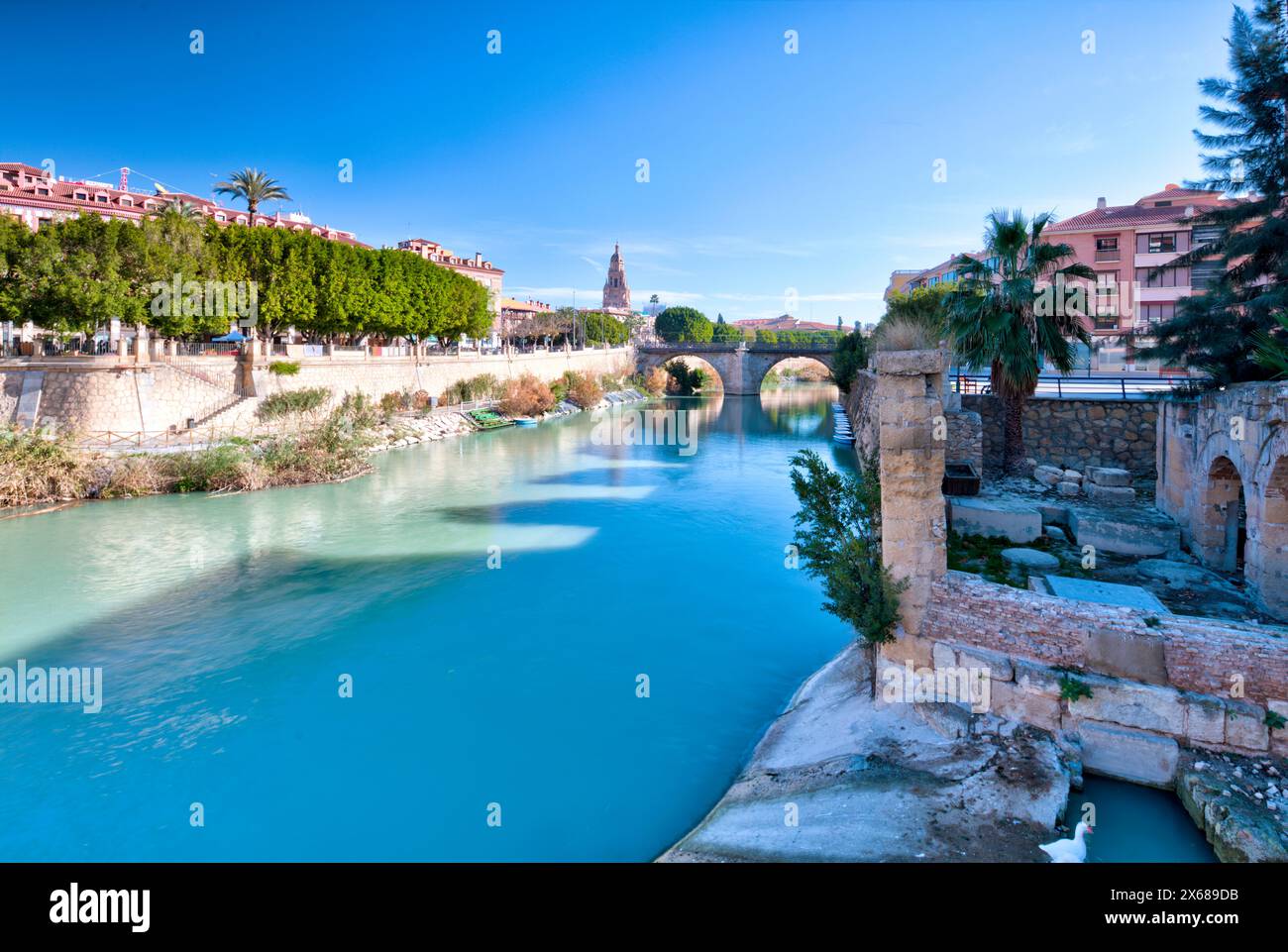 Rio Segura, Fluss, Brücke, Hausfassaden, Altstadt, Architektur, Stadtbesichtigung, Murcia, autonome Region Murcia, Spanien, Stockfoto