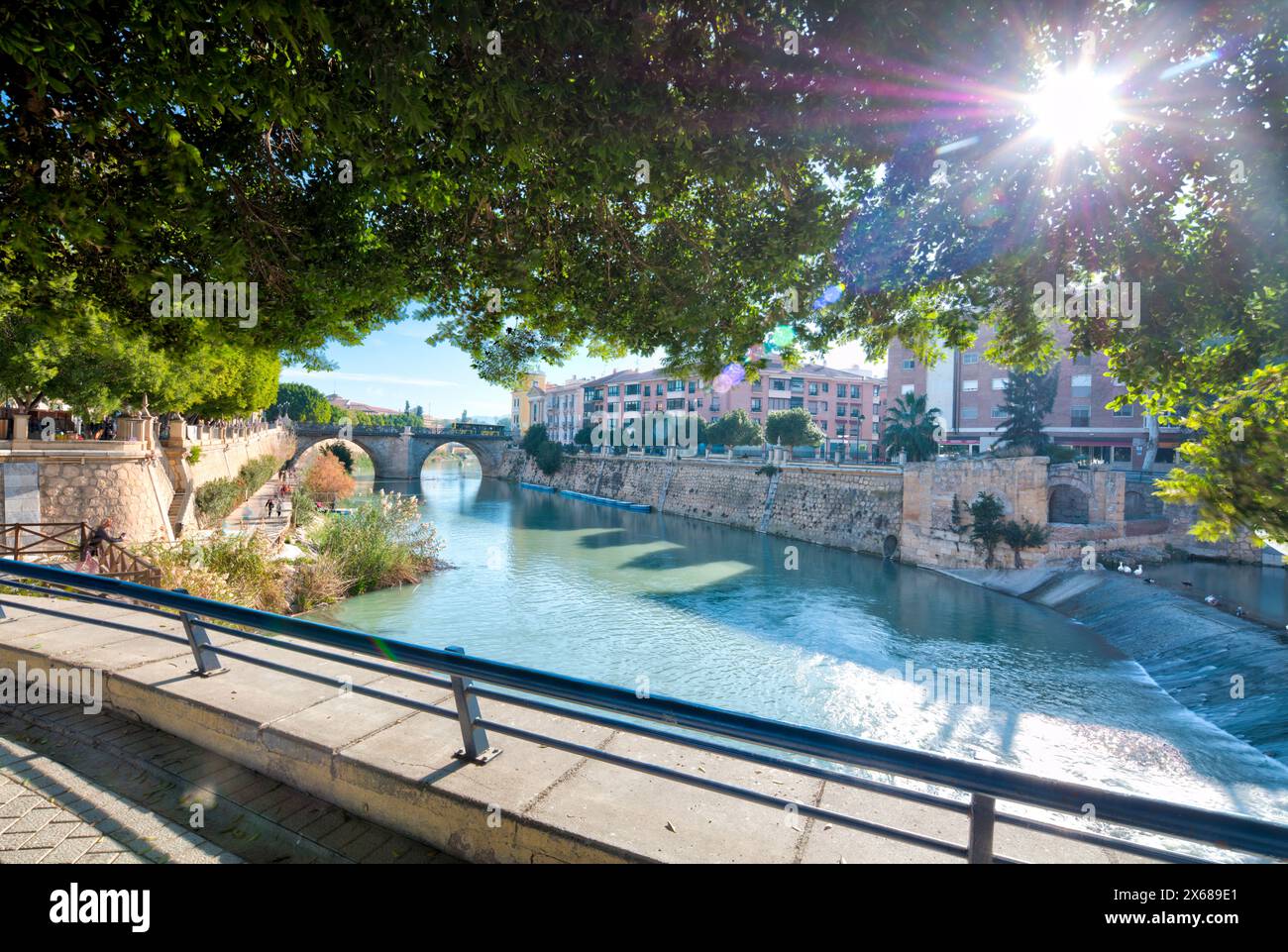 Rio Segura, Fluss, Brücke, Hausfassaden, Altstadt, Architektur, Stadtbesichtigung, Murcia, autonome Region Murcia, Spanien, Stockfoto