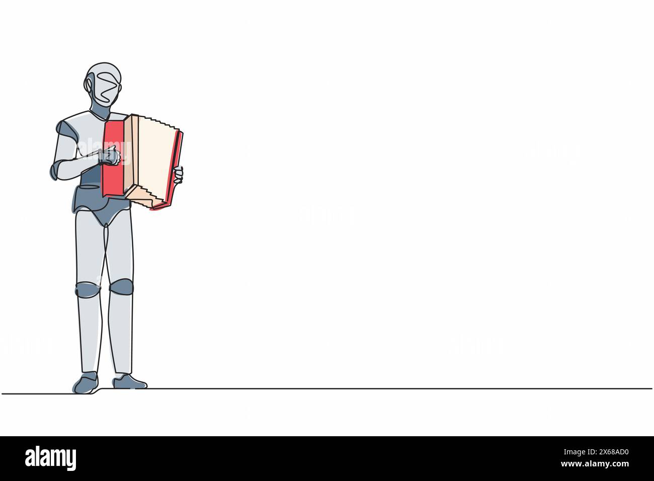Ein einzelner Zeilenroboter, der Akkordeon spielt. Akkordeonist tritt auf der Bühne auf. Technologische Entwicklung der Zukunft. Künstliche Intelligenz. Konti Stock Vektor