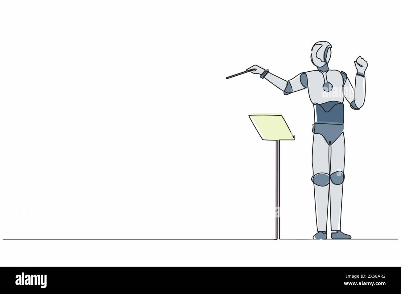 Ein ausdrucksstarker Roboterdirigent führt das Orchester durch eine durchgehende Linienzeichnung. Moderne robotische Künstliche Intelligenz. elektronikindustrie Stock Vektor
