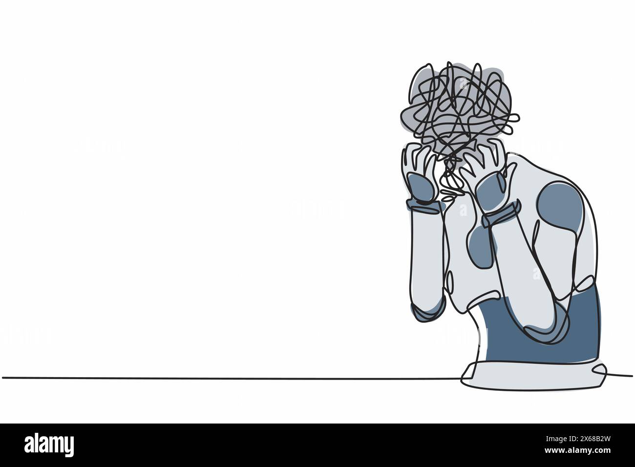 Ein einzelner Zeilenroboter mit runden Kritzeleien anstelle des Kopfes, Kopfschmerzen, Arbeitsbelastung. Künstliche Intelligenz und maschinelles Lernen. Stock Vektor