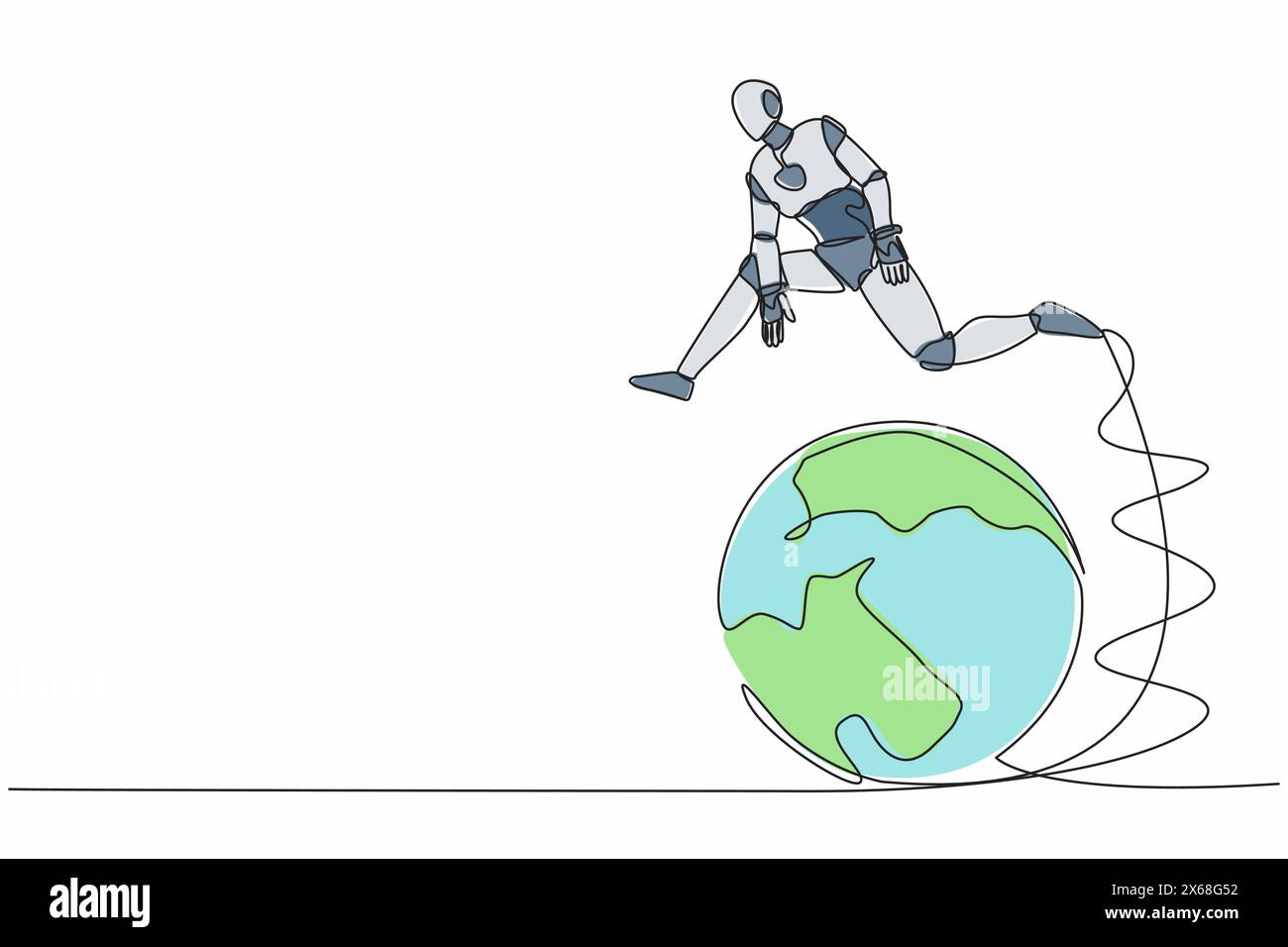 Ein einzelner, kontinuierlicher Zeichnungsroboter, der über den Globus springt. Internationale Partnerschaft, Zusammenarbeit in der Wirtschaft. Reiseziel. Roboter künstlich inte Stock Vektor