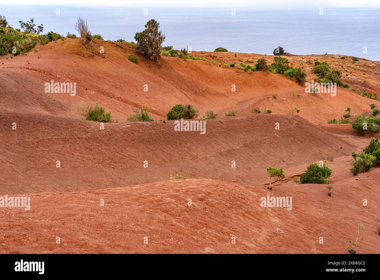 Landschaft mit roter Erde am Mirador de Abrante bei Agulo, La Gomera, Kanarischen Inseln, Spanien Stockfoto
