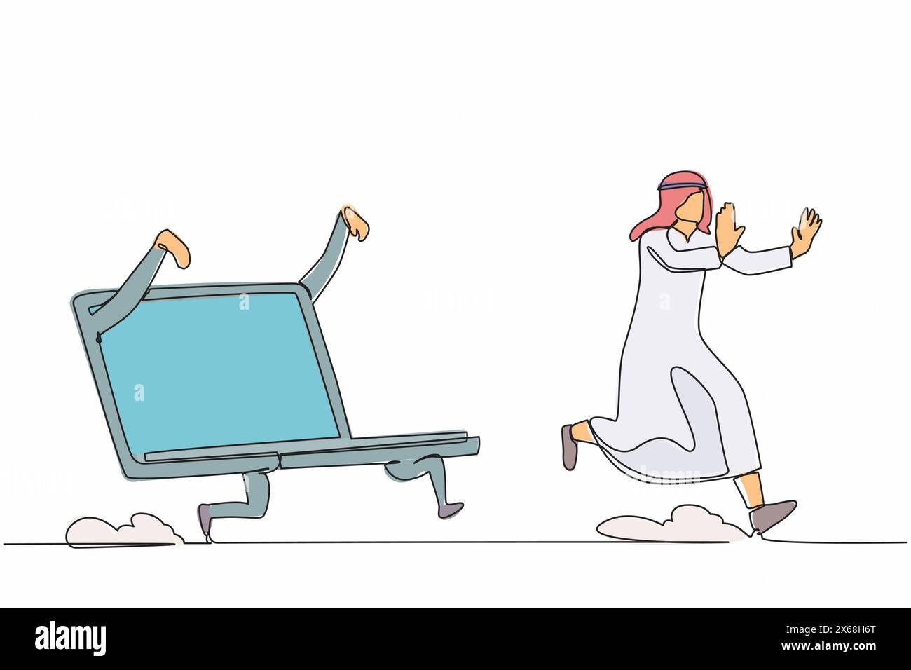 Einzelne durchgehende Linie zeichnet unglücklicher arabischer Geschäftsmann, der von einem Laptop verfolgt wird. Büroangestellte beeilen sich in den Fristen für Büroaufgaben. Minimalismus Metapher Konz Stock Vektor