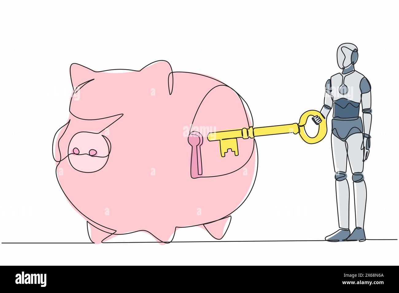 Ein Roboter mit kontinuierlichem Zeichnen, der einen großen Schlüssel in die Schweinebank steckt. Persönliches Sparen oder Geldsicherheit. Schutz des Finanzsystems. Roboter-kybernetische Orga Stock Vektor