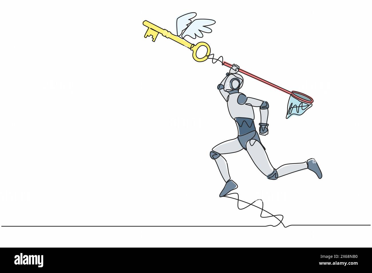 Ein einziger Roboter zum kontinuierlichen Zeichnen von Linien versucht, den fliegenden Schlüssel mit einem Schmetterlingsnetz zu fangen. Finden Sie den Schlüssel zur Lösung von Technologieproblemen. Robotische künstliche Intelligenz Stock Vektor