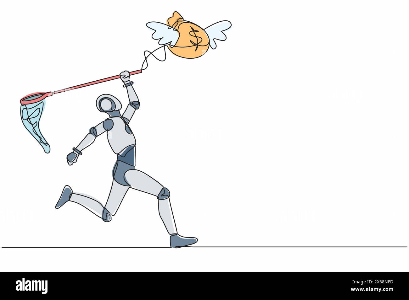 Ein-Linien-Zeichnungs-Roboter versuchen, fliegende Geldbeutel mit Schmetterlingsnetz zu fangen. Erreichung des Gewinnziels für die technische Entwicklung. Roboter-kybernetisches Organ Stock Vektor