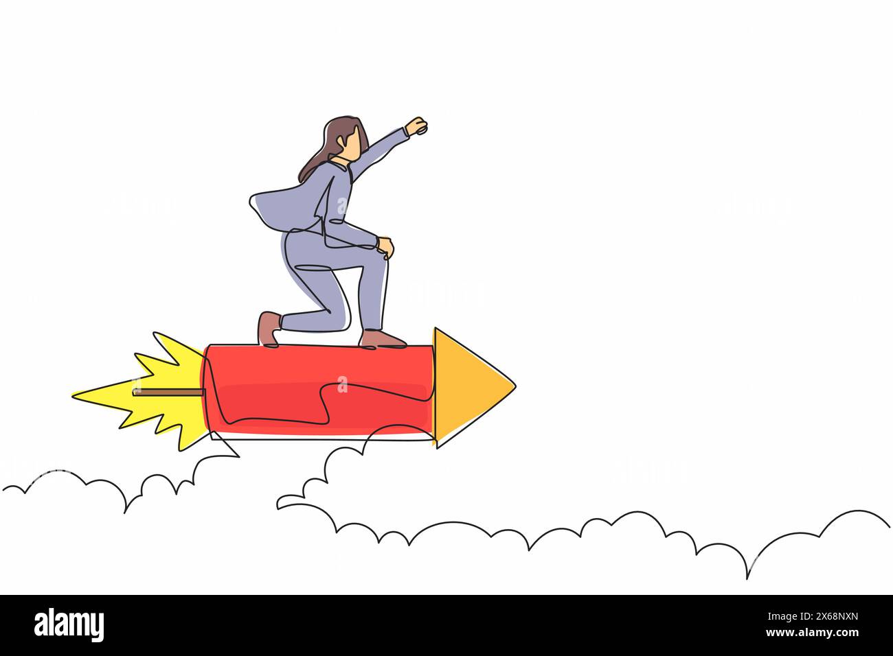 Durchgehende Einzeilenzeichnung einer attraktiven Geschäftsfrau, die hochreitende Feuerwerkskörper fliegt. Bereit für die Transformation und die Einführung des Startup-Busses für neue Ideen Stock Vektor