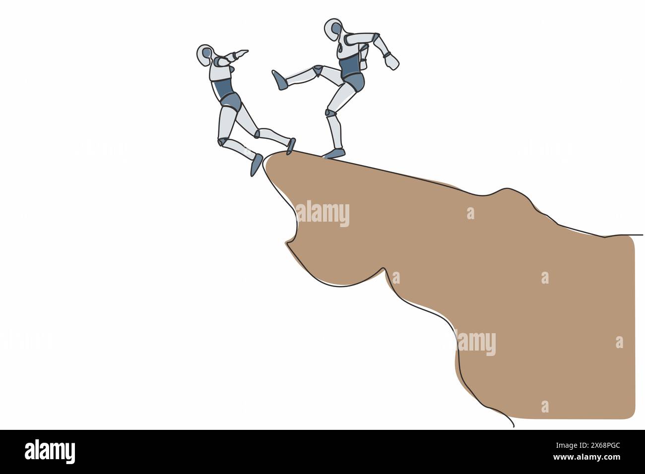 Ein einzeiliger Roboter-Kick wirft Kollegen von Klippen oder Hügeln. Eliminieren Sie konkurrierende Kollegen. Rivalität und Konkurrenz. Technologische Entwicklung der Zukunft Stock Vektor