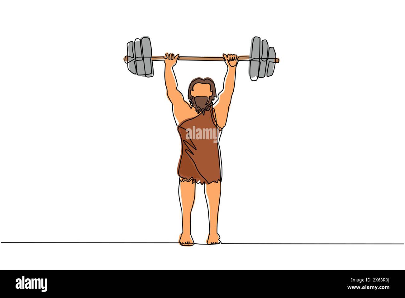 Durchgehende einzeilige Zeichnung des prähistorischen Menschen als Gewichtheber, der Langhantel hebt. Junger Mann aus der Steinzeit. Mann, der sich durch Gewichtheben fit hält. Einzel l Stock Vektor