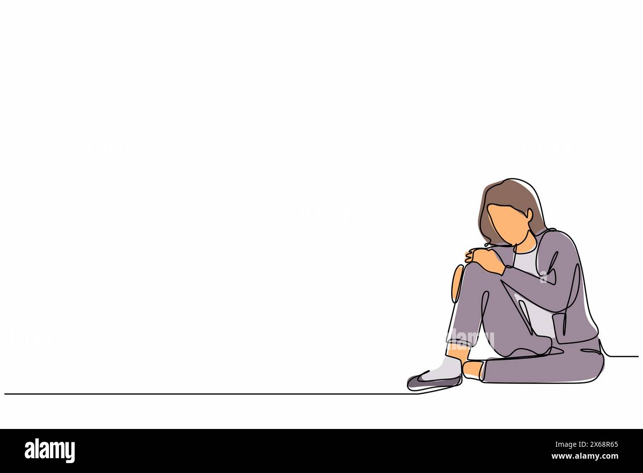 Eine einzige Zeile zeichnet eine sehr traurige Geschäftsfrau, die allein auf dem Boden sitzt. Depressive junge Frau Störung, traurig, traurig, Enttäuschung Symptom. Kontin Stock Vektor