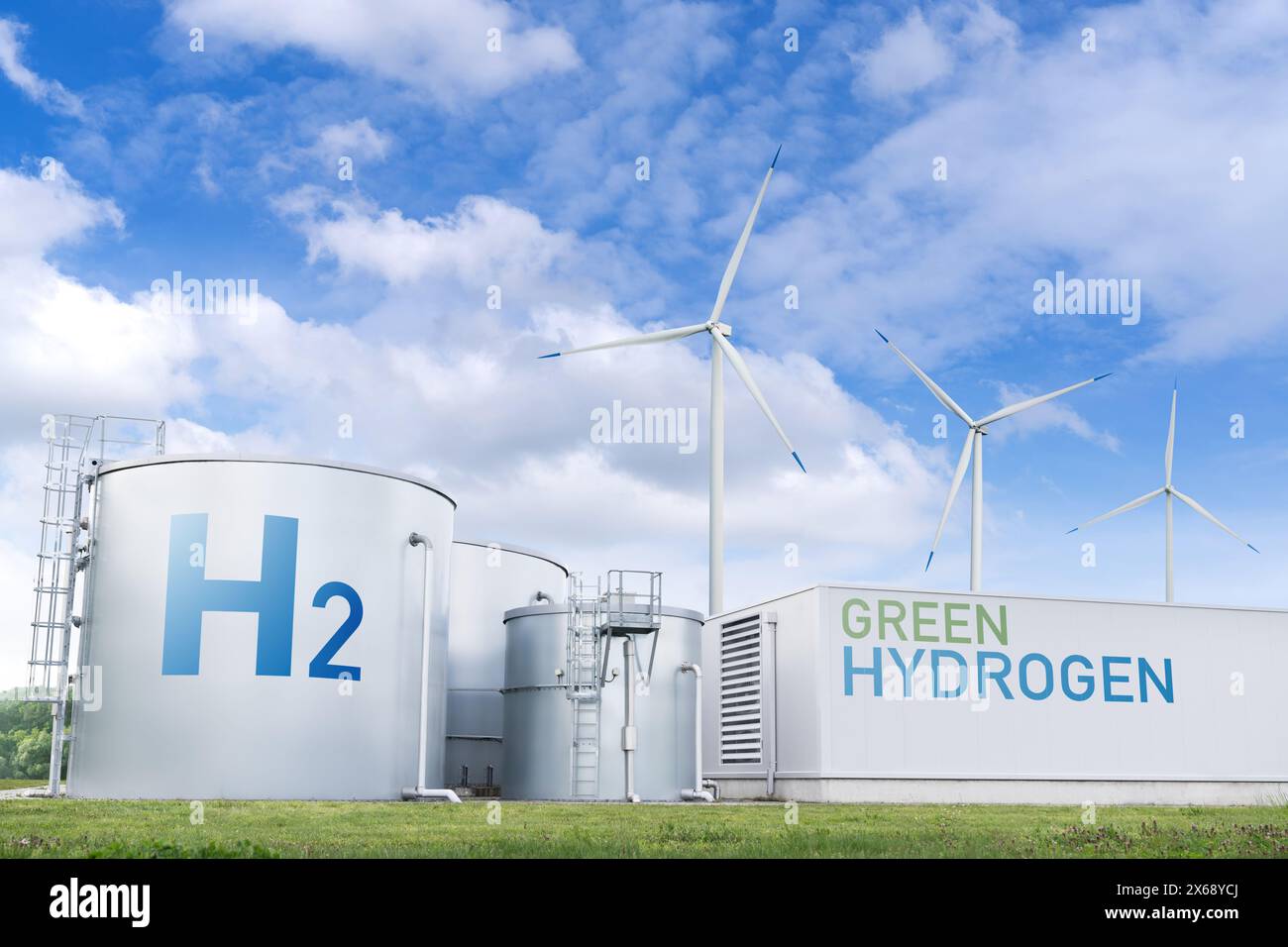 Grünes Wasserstofffabrikkonzept. Wasserstofferzeugung aus erneuerbaren Energiequellen Stockfoto