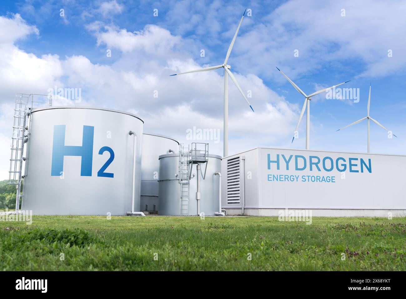 Grünes Wasserstoffwerk und Energiespeicherkonzept. Wasserstofferzeugung aus erneuerbaren Energiequellen Stockfoto