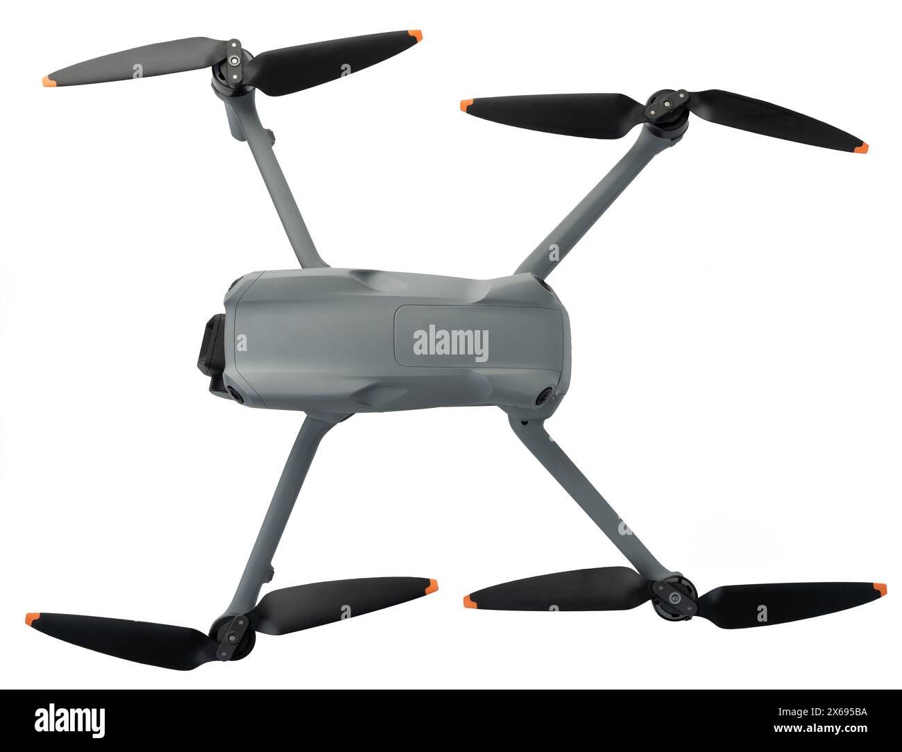 Graues Drohnen-uav über Draufsicht isoliert auf Studiohintergrund Stockfoto