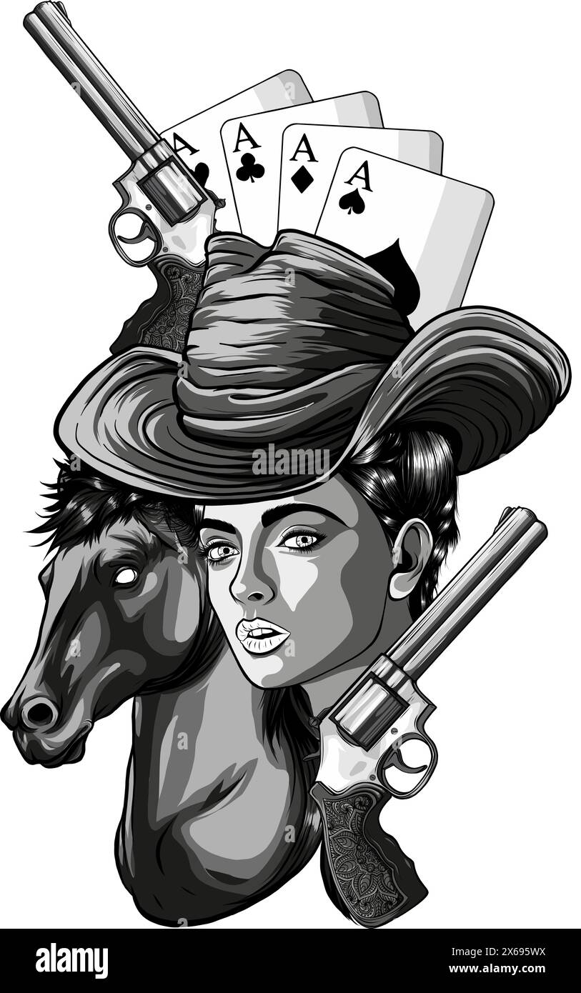 Wunderschönes Cowgirl und Cowboy mit Hut und Pferdekopf in schwarz-weißer Vektorsilhouette Stock Vektor