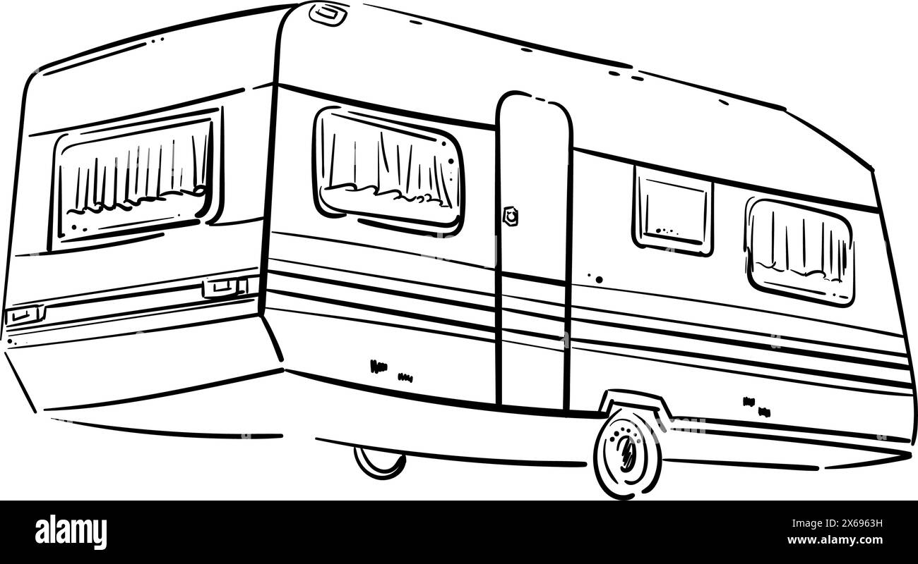 Handgezeichneter Camper-Umriss-Symbol. Trailer für Campingurlaub und Reise, Tourismus und Reisekonzept. Illustration von Vektorskizzen für Druck, Web Stock Vektor