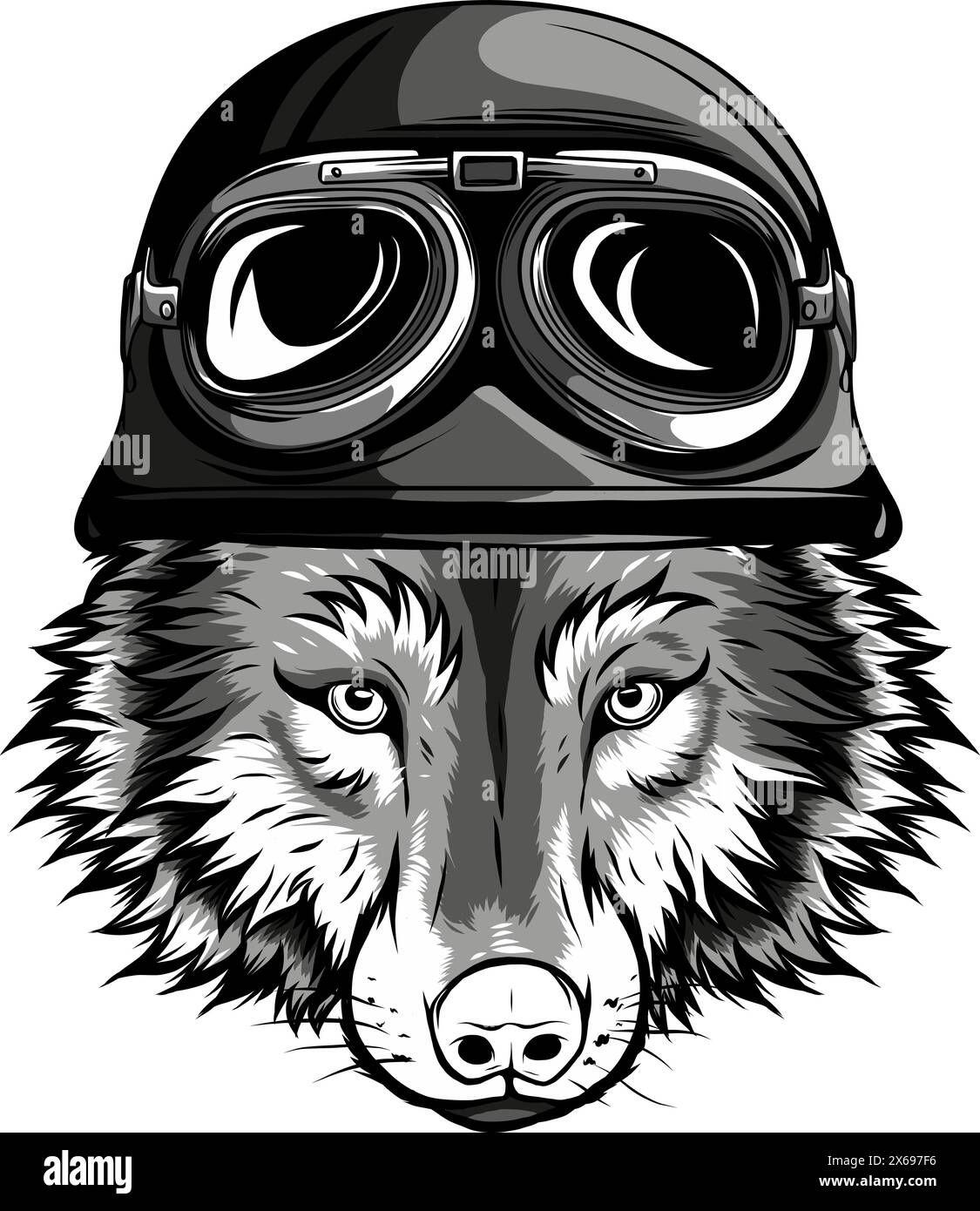 Monochromer Kopf eines Wolfes mit Helmvektorillustration Stock Vektor