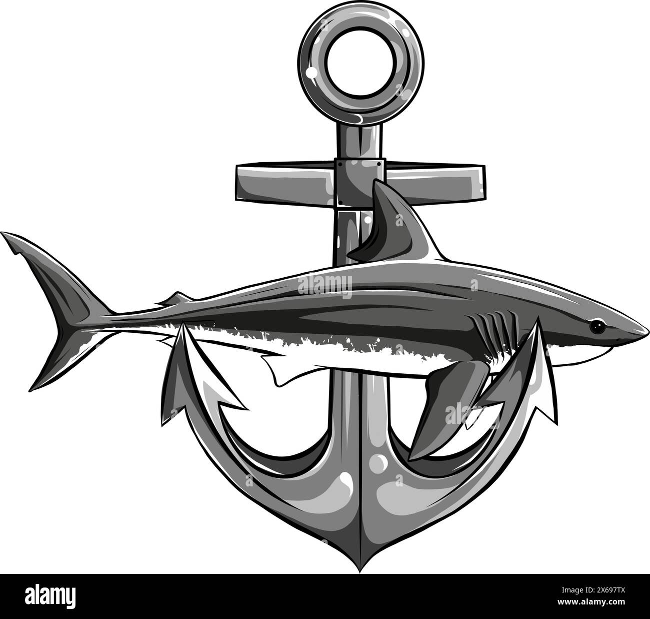 Einfarbiger weißer Hai mit Anker-Vektor-Design Stock Vektor