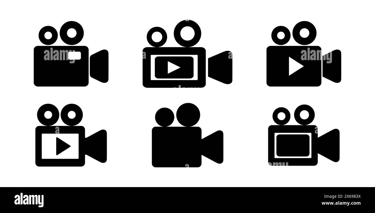 Set aus flachen Videokamera-Symbolen mit Kinokamera, Filmkamera und Wiedergabetaste. Multimedia-Symbole in Schwarz auf weißem Hintergrund. Für Videoprodukte Stock Vektor