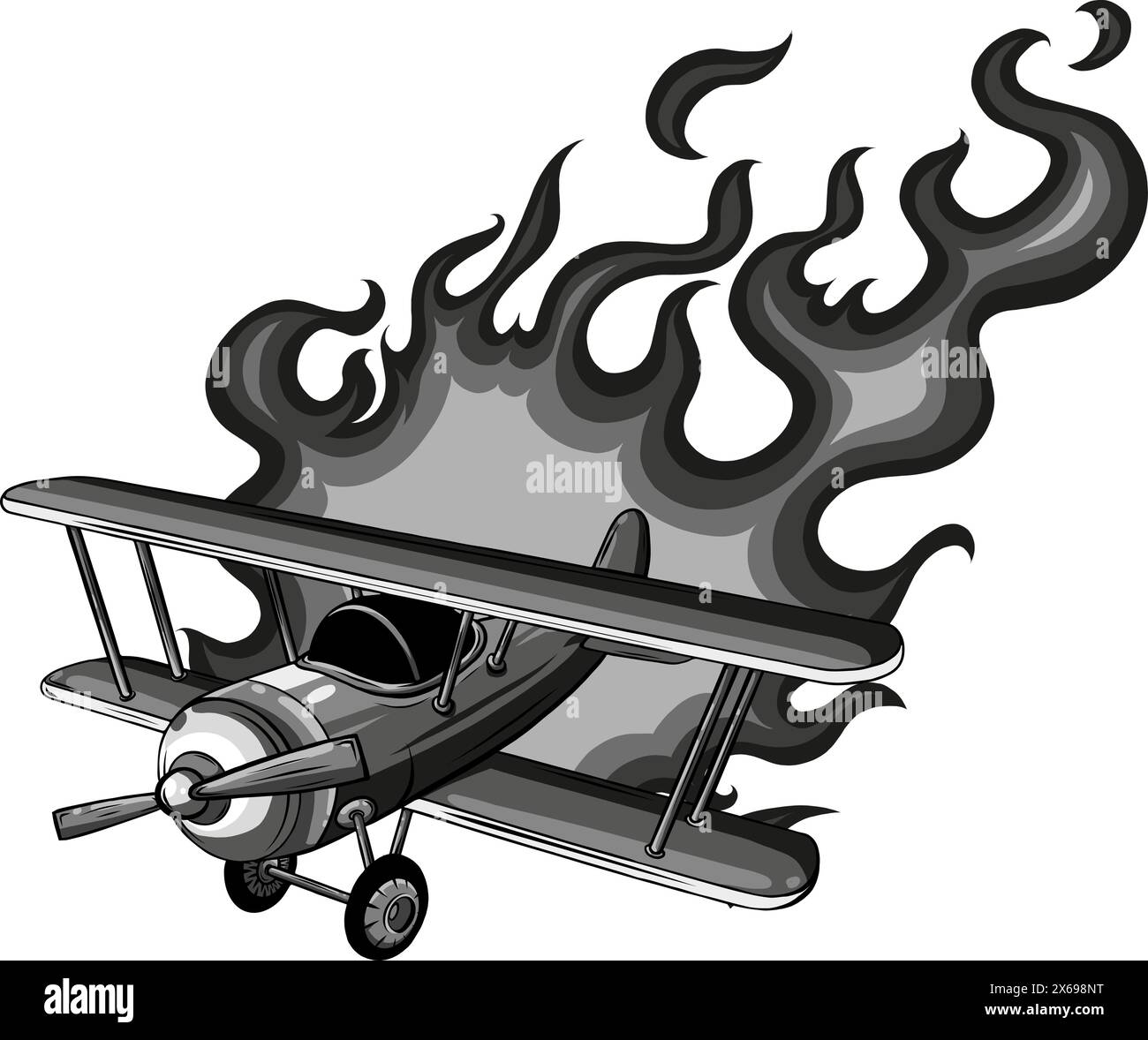 Monochrome Vintage-Flugzeuge mit Flammen auf weißem Hintergrund Stock Vektor