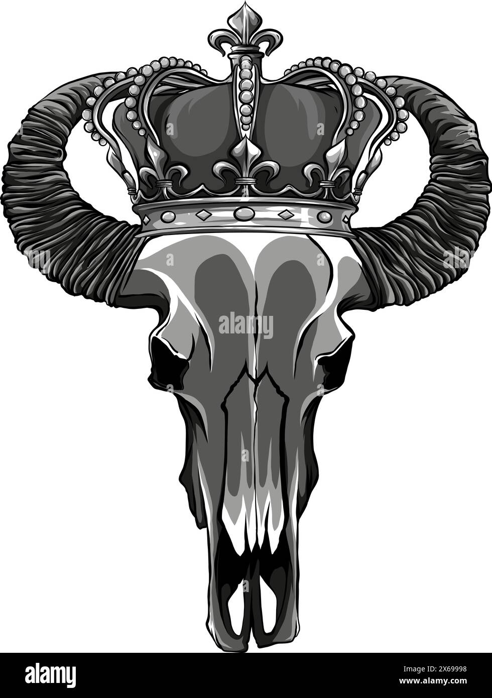 Illustration eines monochromen Büffelschädels mit Krone Stock Vektor