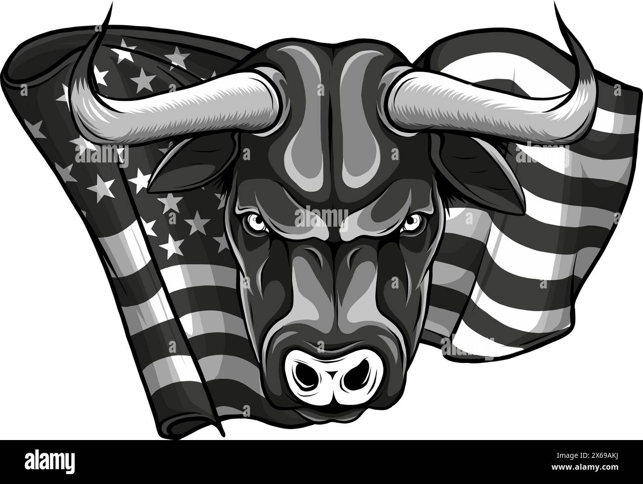 vektordarstellung eines Schwarzweißkopfbullen mit us-Flagge Stock Vektor
