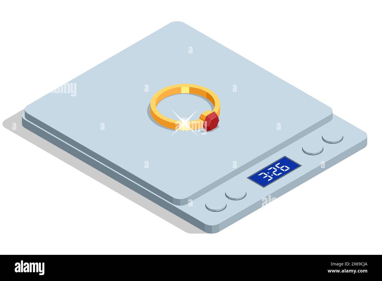 Isometrischer Goldring auf der Skala auf weißem Hintergrund. Schmuckwerkzeuge. Der Goldladen verwendet eine digitale Waage, um den Ring zu wiegen. Zeichentrickschmuck Stock Vektor