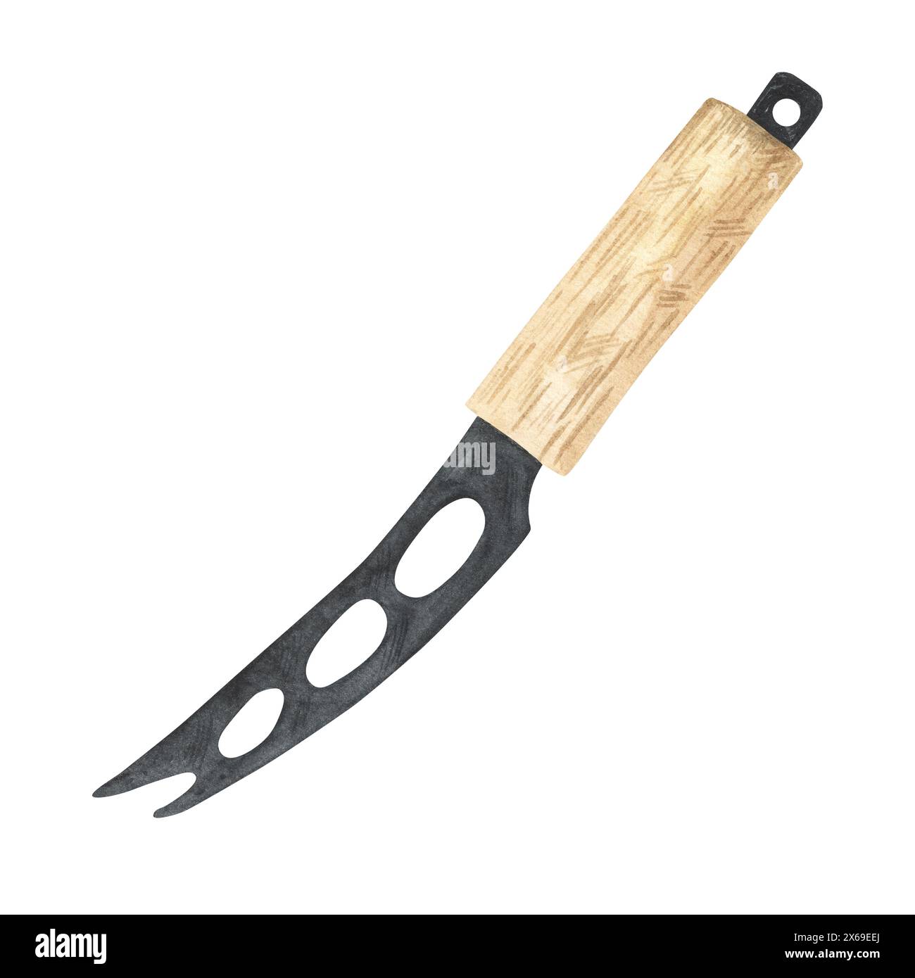 Käsemesser. Silbernes schwarzes Besteck mit leichtem Holzgriff. Handgezeichnete Aquarellillustration isoliert auf weißem Hintergrund. Gute Küche, Design Stockfoto