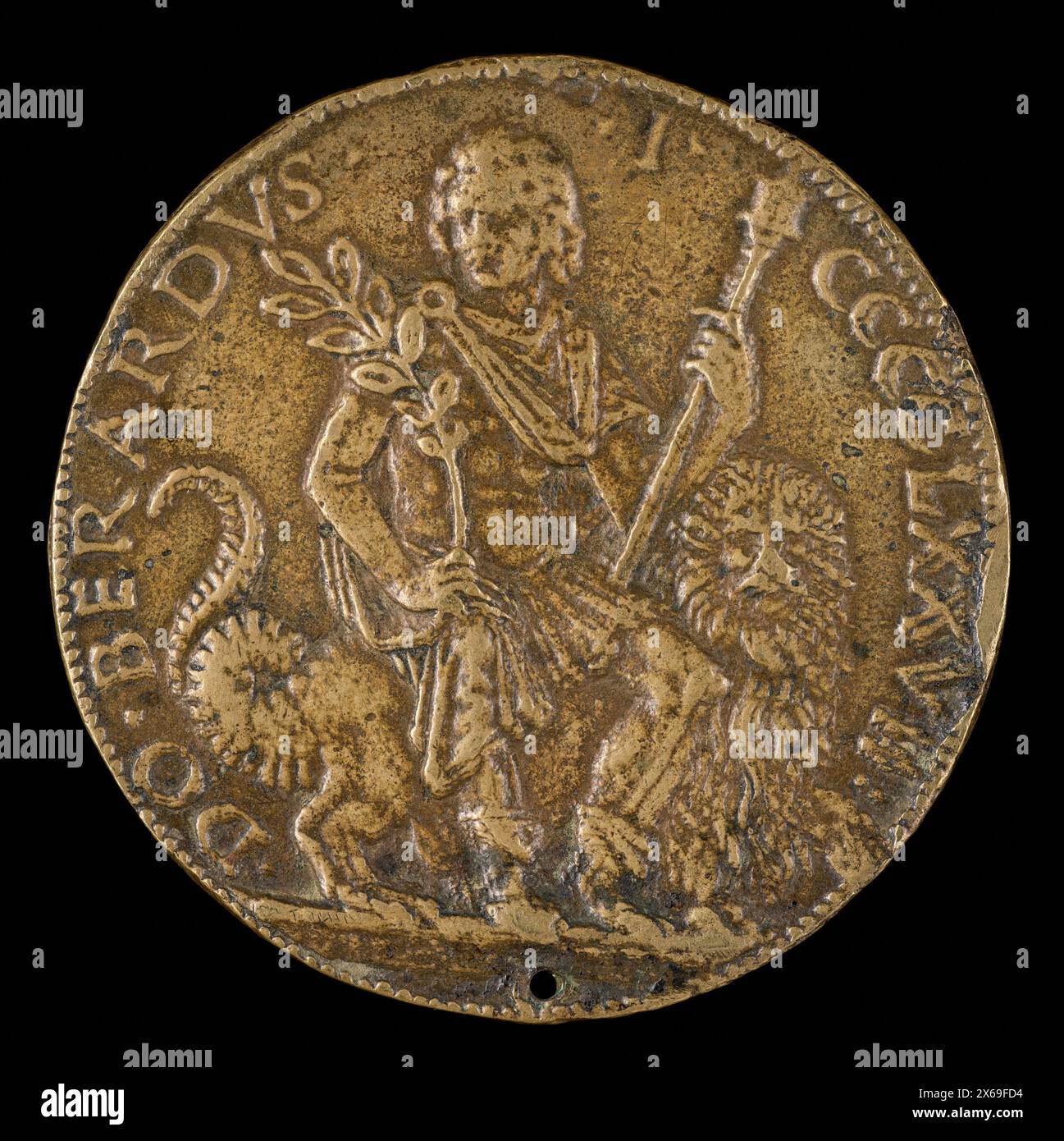 Pierro Malvessi 1429 - 1505 Patrizier von Bologna 1477 Bronzemedaille Medaillon Bolognese 15. Jahrhundert Italien Malvezzi in römischer Kleidung auf einem Monster sitzend Stockfoto