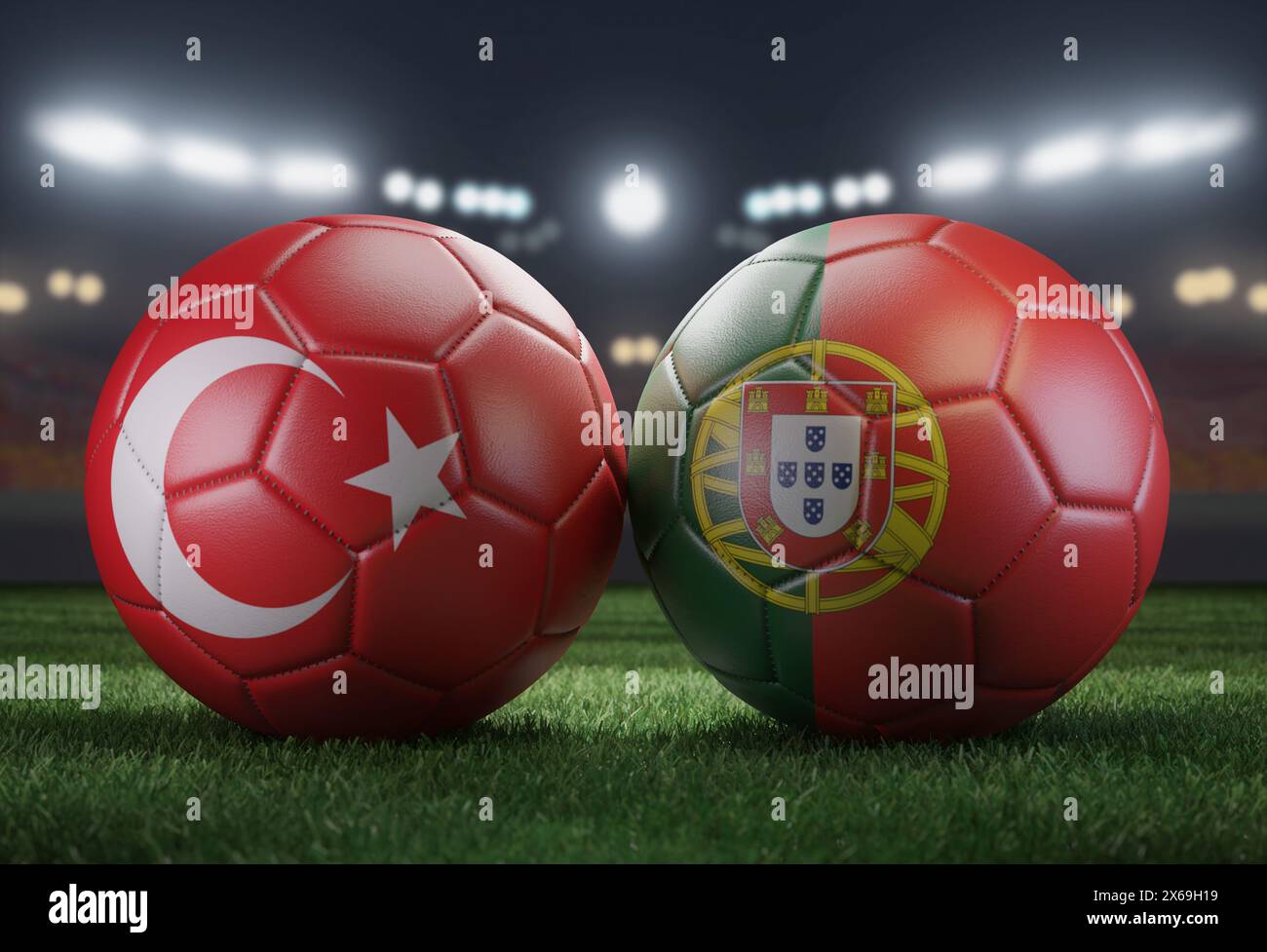 Zwei Fußballbälle in Flaggenfarben auf einem verschwommenen Hintergrund. Gruppe F. Türkei und Portugal. 3D-Bild. Stockfoto