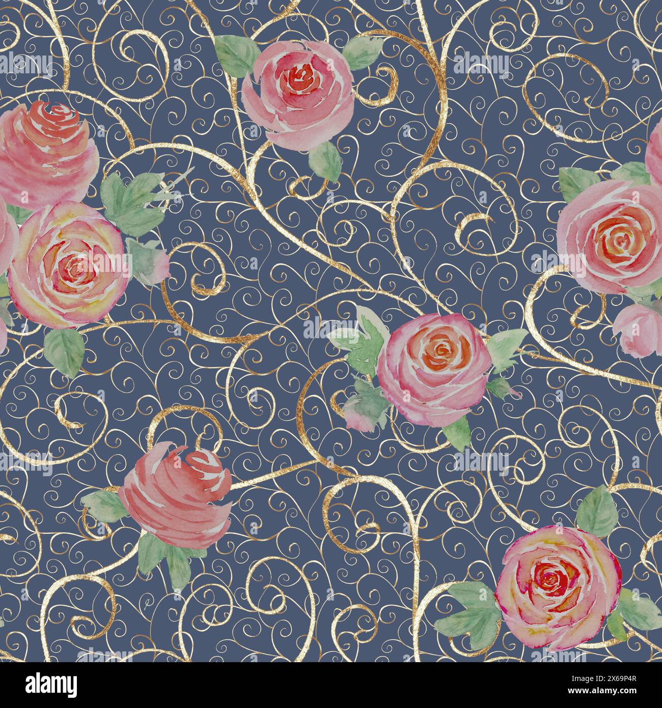Aquarellrosen Blumen. Wunderschönes nahtloses Blumenmuster. Aquarell handgezeichnet Frühling Sommer botanische Illustration auf blauem Hintergrund. Drucken für Stockfoto