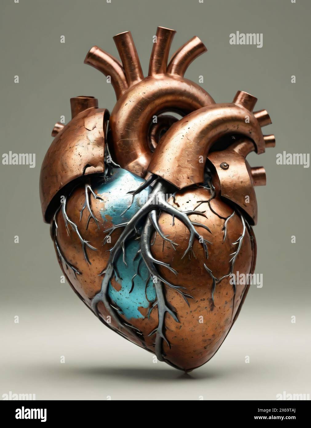 Menschliches Herz, semirealistische Darstellung. Rostiges Metall, Bronze und galvanisiert Stockfoto