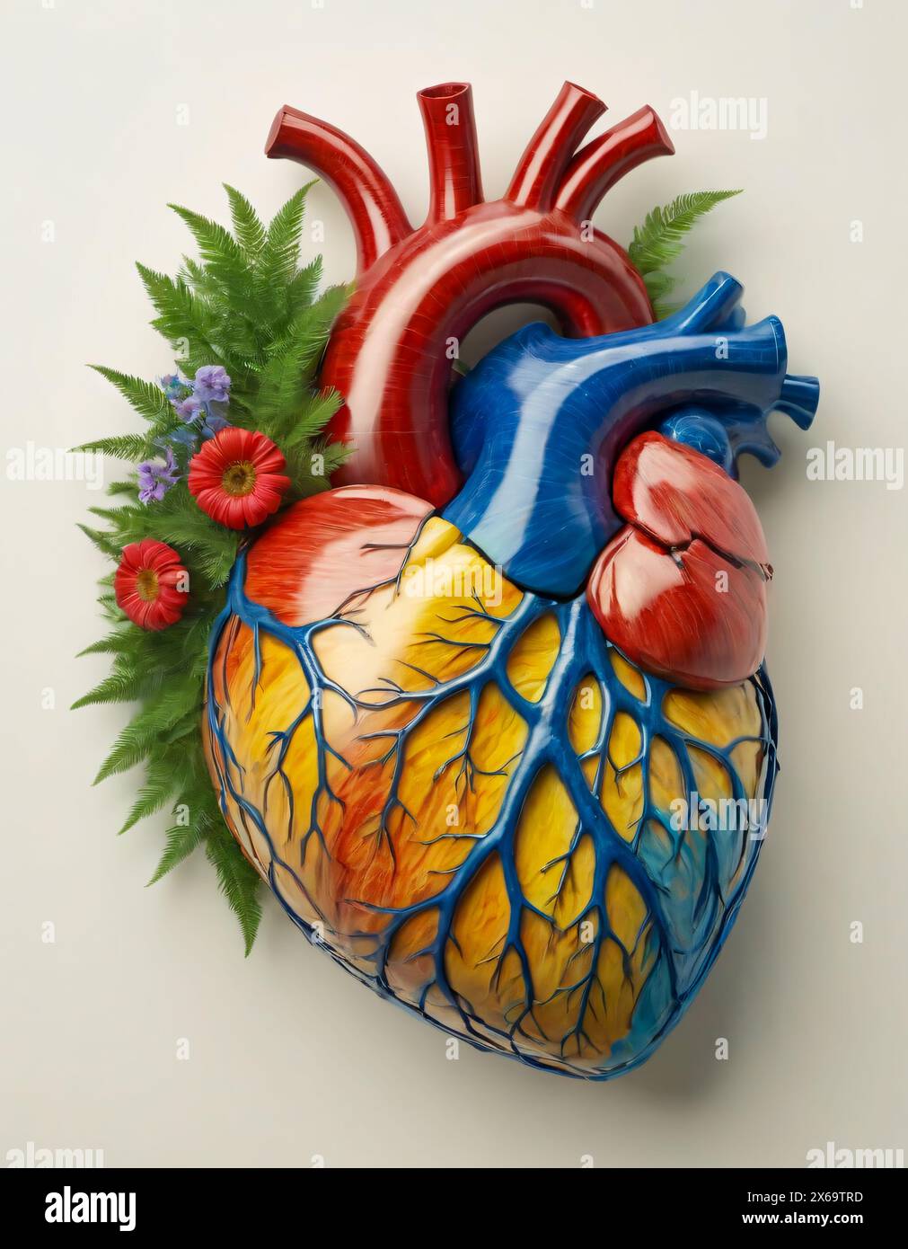 Menschliches Herz, realistische Darstellung. Keramikblumen und Farne Stockfoto