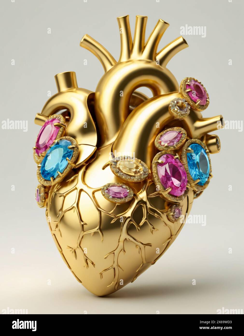 Menschliches Herz, realistische Darstellung. Goldkristall und Edelsteine. Stockfoto