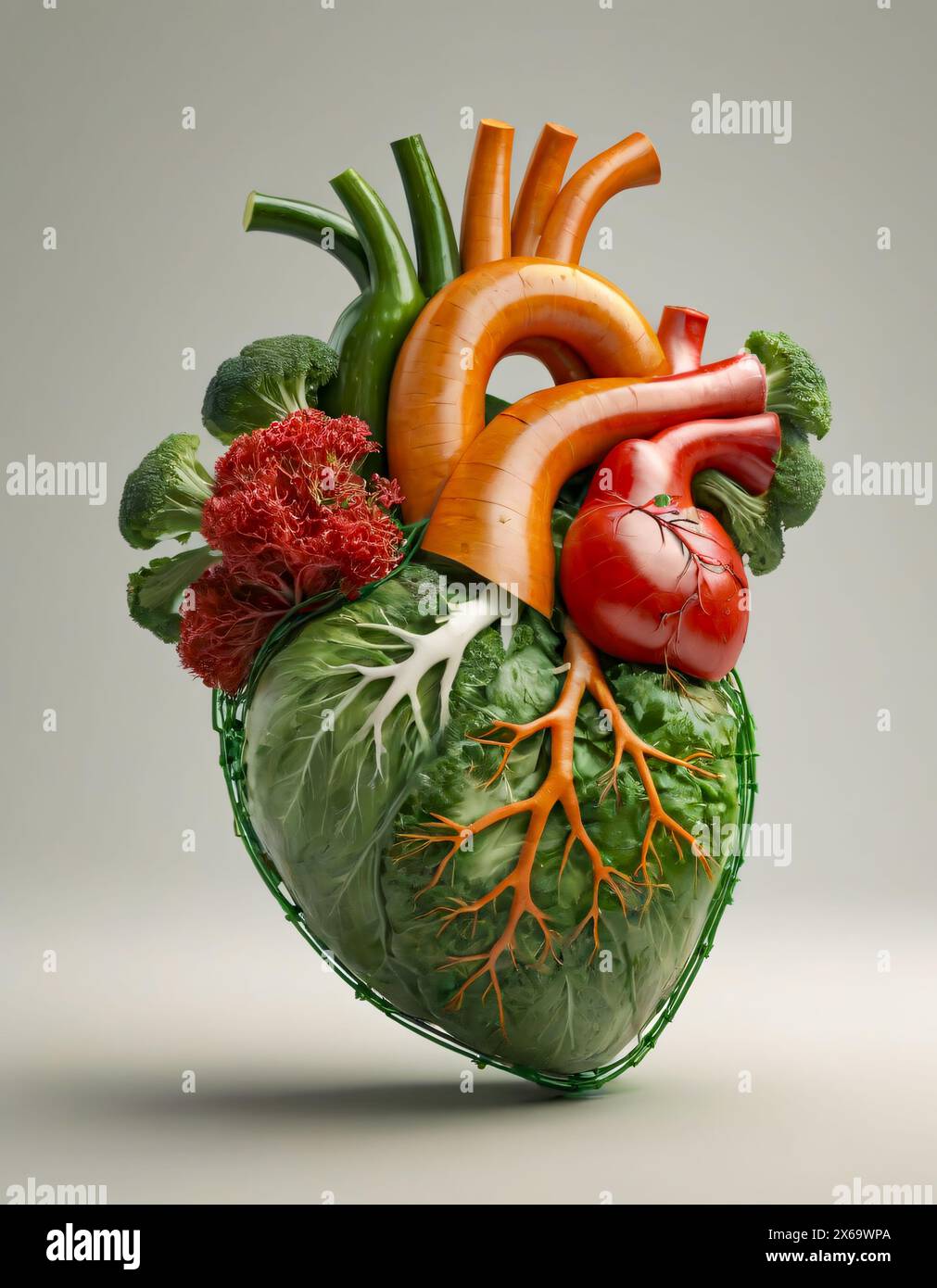 Menschliches Herz, realistische Darstellung. Gemüse und gesunde Lebensmittel. Stockfoto