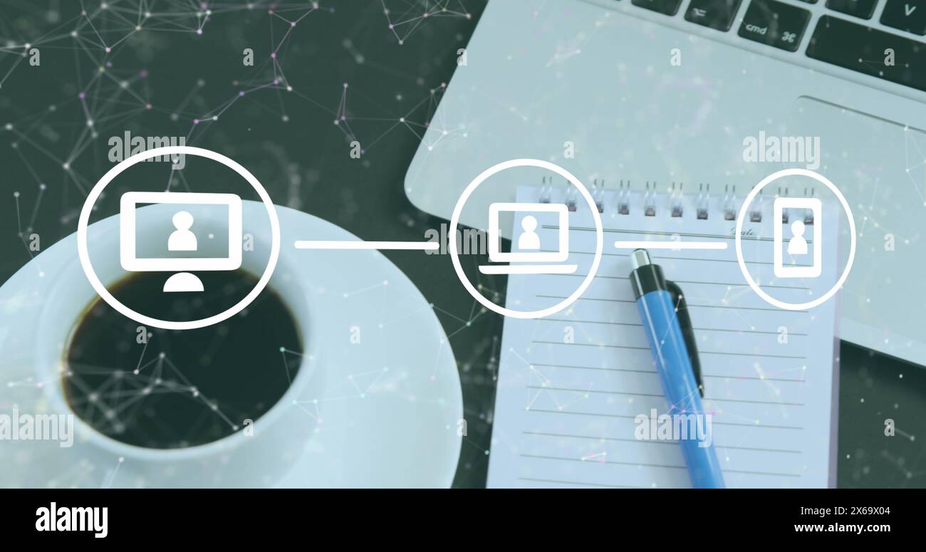 Abbildung: Flussdiagramm mit Symbol und verbundenen Punkten über Laptop, Notizblock und Kaffeetasse auf dem Tisch Stockfoto