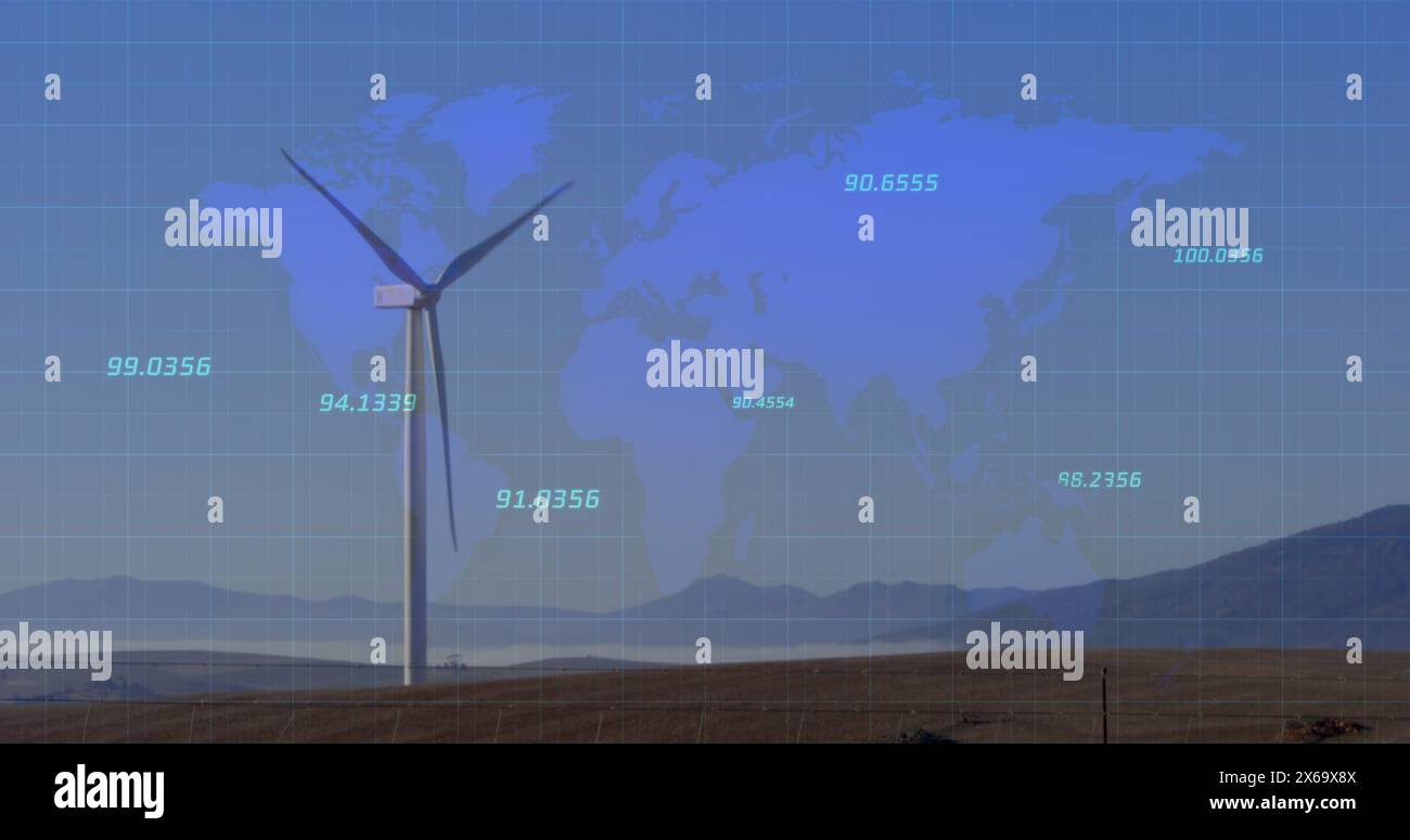 Bild der Verarbeitung von Finanzdaten über Weltkarte und Windkraftanlage Stockfoto